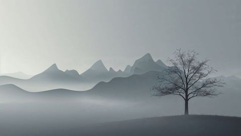Solitary Tree Amidst Misty Hillside Serenity