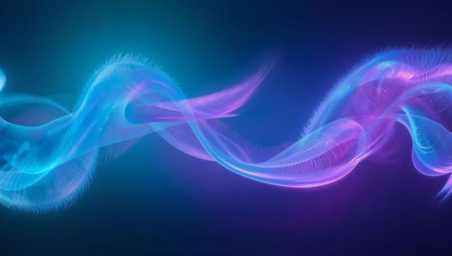 Flowing neon ribbon with feathery particle trails, luminous abstract wave in blue purple