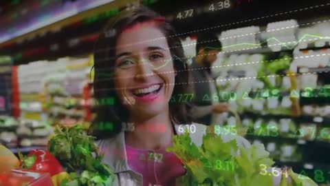 Smiling woman shopping produce with market data overlay and rising price graphs