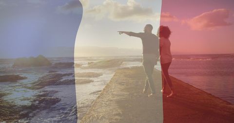 Romantic Beach Walk with French Flag Overlay - Download Free Stock Images Pikwizard.com