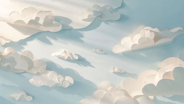 Layered paper clouds casting soft shadows over pastel blue backdrop with creased texture