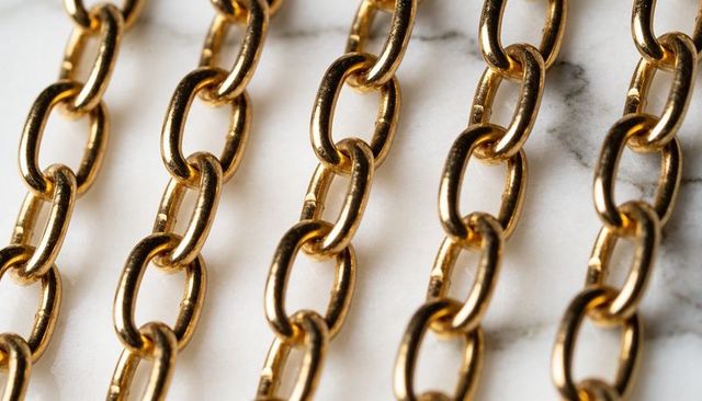 Shimmering gold chain strands lying on white marble slab showing glossy metal links