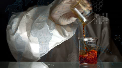 Scientist Pouring Liquid with Global Data Overlay Concepts