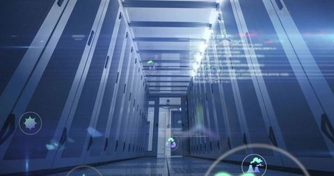 Futuristic Data Center with Holographic Network Analytics Icons