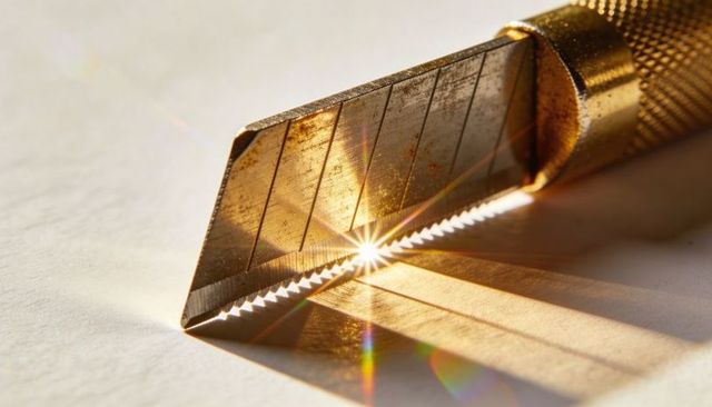 Macro close-up of gold snap-off utility knife blade glinting with starburst and knurled handle