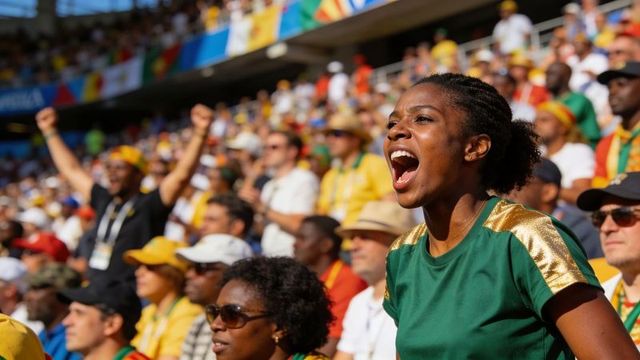 Passionate stadium fan cheering loudly in green and gold jersey at outdoor sports event