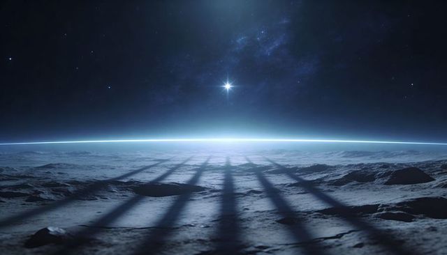 Distant star rising over cratered lunar plain casting long shadows across rugged terrain