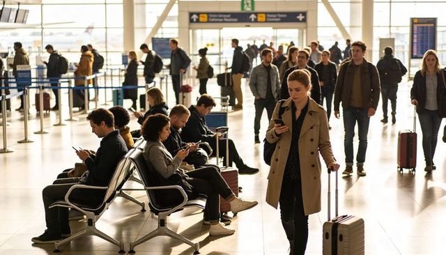 Woman walking busy airport terminal alone checking smartphone and pulling rolling suitcase
