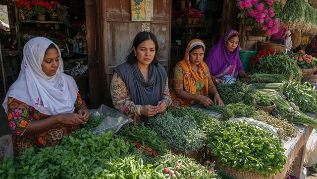 Women arranging fresh herbs and greens at sunlit rustic wooden bazaar stall with woven baskets