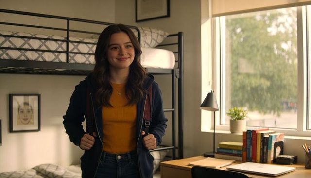 Smiling college student arriving to cozy dorm room with backpack and organized study desk