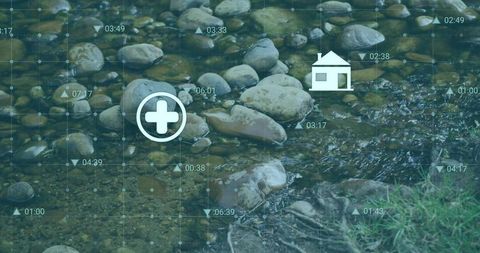 Flowing rocky creek with teal augmented grid overlay and medical plus home icons