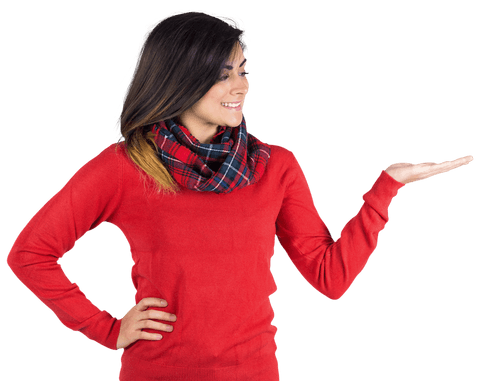 Smiling woman in red sweater presenting on transparent background