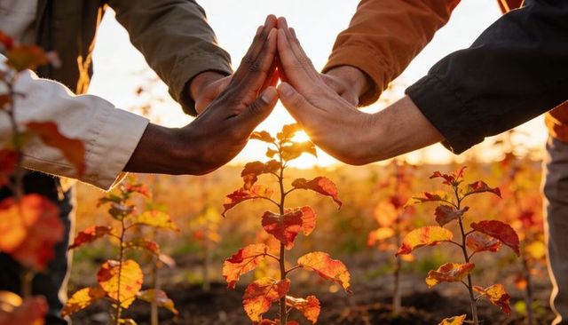 Joining hands protecting young sapling at sunset for reforestation and conservation