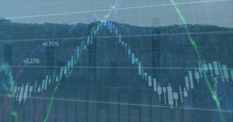 Dynamic Financial Charts Overlaying Rocky Cliff Scenery