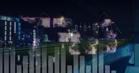 Digital data processing over cityscape with business charts