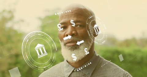 Senior man exploring digital banking with currency symbols and bank ui overlay outdoors
