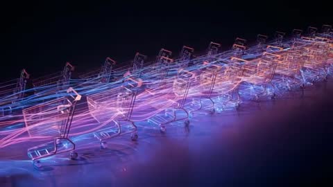 Rolling Shopping Carts Creating Neon Light Trails with Motion Blur and Chrome Reflections