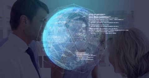 Scientists examine earth hologram with scrolling code in research lab