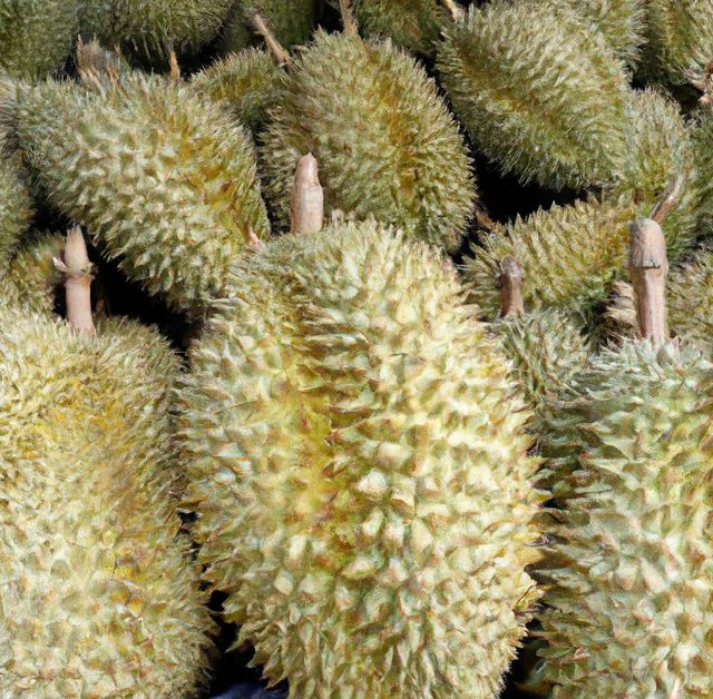 Close-up of freshly harvested durians displayed. Great for use in agricultural blogs, tropical fruit markets advertisements, food enthusiasts websites, social media marketing for exotic foods, and educational content on diverse crops.