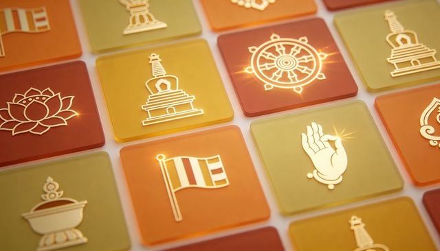 Gilded buddhist mudra tile in warm mosaic grid with lotus, dharmachakra and stupa icons