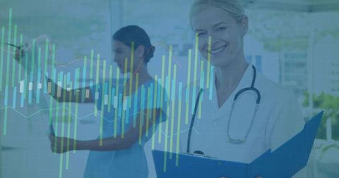 Smiling physician holding blue folder with stethoscope, health data analytics overlay