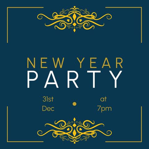 Elegant New Year Party Invitation with Gold Designs on Blue Background - Download Free Stock Templates Pikwizard.com