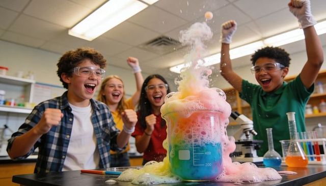 Erupting rainbow foam experiment in beaker with excited students cheering in science class