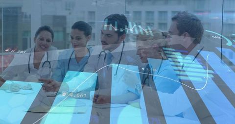 Medical Team Reviewing Digital Health Data Dashboard on Tablet in Clinic Collaboration