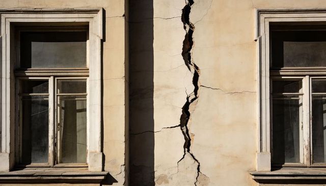 Weathered stucco facade revealing deep vertical crack between vintage sash windows