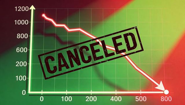 Declining financial chart showing canceled stamp and steep downward arrow on presentation slide