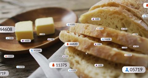 Rustic sourdough loaf and butter on weathered wood tabletop with overlay labels