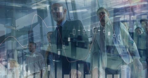 Businesspeople with financial data overlay in modern office