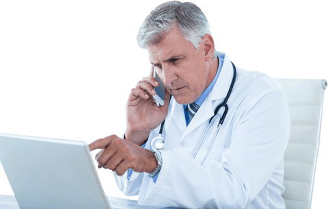 Experienced male doctor using laptop and phone with transparent background