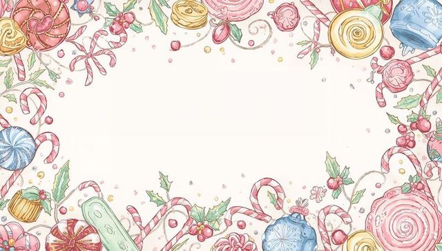 Pastel Watercolor Holiday Candy Frame with Holly, Candy Canes, Lollipops and Macarons