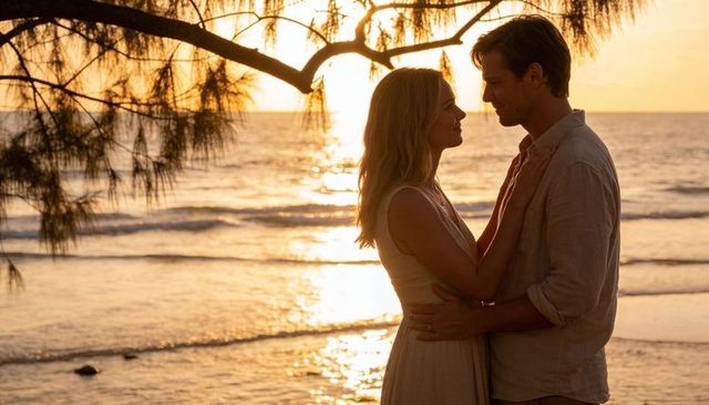 Romantic couple embracing on tropical beach at golden sunset under feathery tree branch