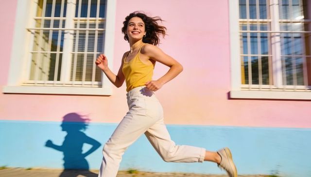 Joyful woman running past pastel facade in mustard tank top and cream jeans