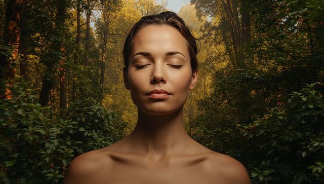 Tranquil woman meditating in lush woodland