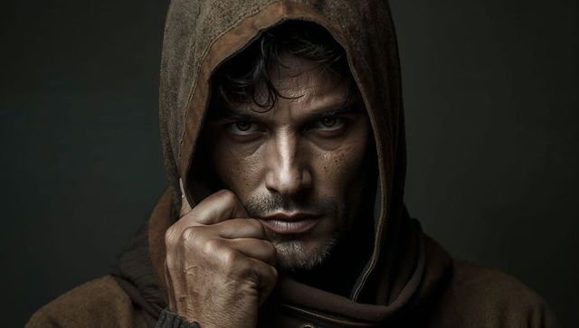 Intense hooded man pulling cloak close moody low-key portrait with rugged details