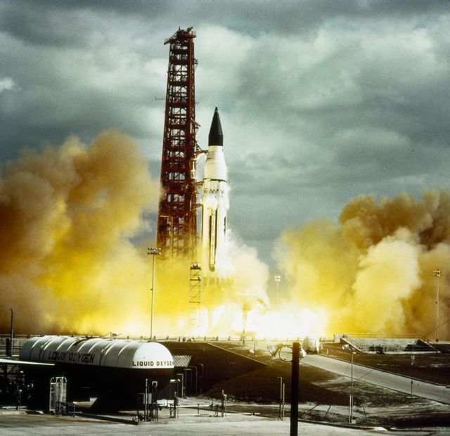 SA-5 launch showcasing dramatic liftoff of Saturn I rocket on January 29, 1964. Developed under direction of Dr. Wernher von Braun, features significant components like Block II stage and Saturn V engine. Ideal for illustrating space exploration, NASA history, powerful technology, historical achievements in space travel.