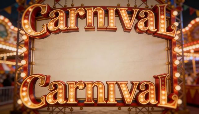 Glowing vintage carnival marquee with illuminated bulbs and blank text panel