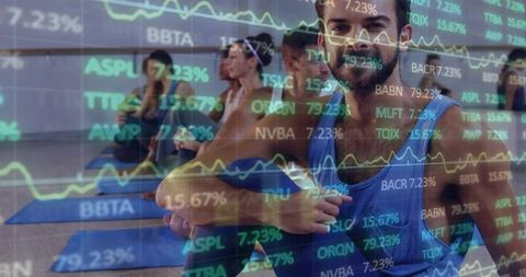 Man Practicing Yoga with Overlay of Financial Charts