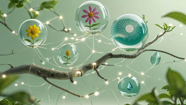 Dreamy botanical magic tree branch with floating spheres and lights