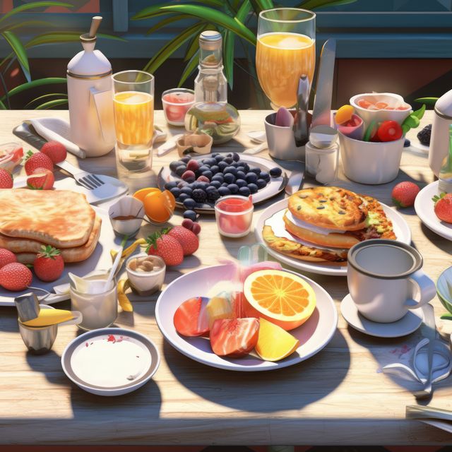 Luxurious breakfast spread on a sunny, garden patio table. Includes fresh fruits like strawberries, blueberries, and citrus, as well as gourmet items like pancakes, toasts, and small dishes of nuts and sauces. Perfect for illustrating morning routines, healthy lifestyle visuals, food blogs, and brunch menus.