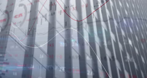 Animated Financial Data Over Modern Office Facade