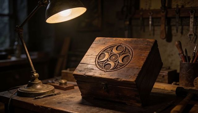 Brass lamp illuminating hand-carved wooden chest on rustic workbench with chisels