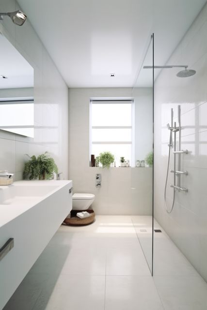 Minimalist white bathroom featuring a modern walk-in shower with a glass divider and overhead shower. Bright and airy interior with small plants adding a natural touch. Ideal for showcasing contemporary bathroom decor ideas, clean and sleek interior design styles, and minimalist home decor inspiration.