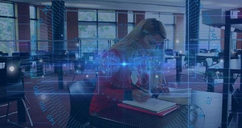 Female Student Studying with Augmented Reality HUD Overlay in Campus Study Hall