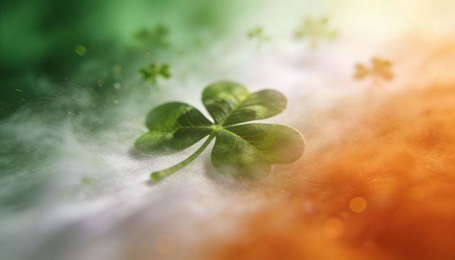 Four-leaf clover resting on woolly surface with irish green white orange bokeh glow