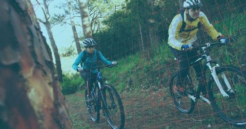 Couple Biking through Pine Forest Trail for Adventure and Fitness