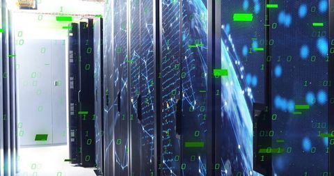 Futuristic Data Center with Digital Holographics and Server Racks